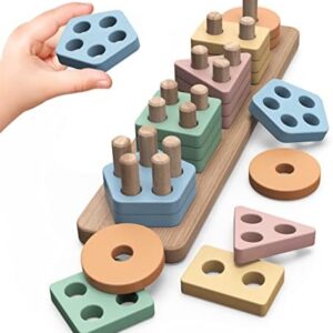 pigipigi Montessori Toys Gift for 1 2 3 4 Years Old - Wooden Sorting Stacking Toy Toddler Baby Preschool Kids Boys Girls Learning Color Shape Block Educational Activity Game Birthday Easter Gifts
