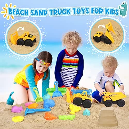 FHOZGECY Beach Toys, 31Pcs Sand Toys, Sandbox Toys with 2 Truck 2 Collapsible Sand Bucket, Shovel Set, Sand Castle Kit, Animal Dinosaur Molds etc. Mesh Bag, Travel Toys for Kids Toddlers Boys Girls - Image 3