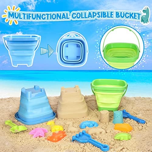 FHOZGECY Beach Toys, 31Pcs Sand Toys, Sandbox Toys with 2 Truck 2 Collapsible Sand Bucket, Shovel Set, Sand Castle Kit, Animal Dinosaur Molds etc. Mesh Bag, Travel Toys for Kids Toddlers Boys Girls - Image 4
