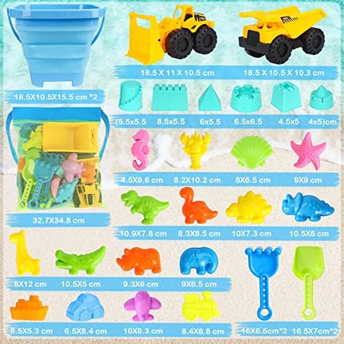 FHOZGECY Beach Toys, 31Pcs Sand Toys, Sandbox Toys with 2 Truck 2 Collapsible Sand Bucket, Shovel Set, Sand Castle Kit, Animal Dinosaur Molds etc. Mesh Bag, Travel Toys for Kids Toddlers Boys Girls - Image 6
