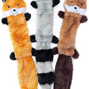 ZippyPaws Skinny Peltz - Fox, Raccoon, & Squirrel - No Stuffing Squeaky Dog Toys, Unstuffed Chew Toy for Small & Medium Breeds, Bulk Multi-Pack of 3 Soft Plush Toys, Flat No Stuffing Puppy Toys - 18"