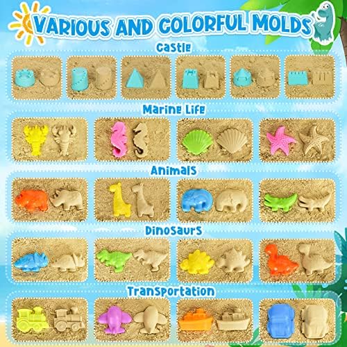 FHOZGECY Beach Toys, 31Pcs Sand Toys, Sandbox Toys with 2 Truck 2 Collapsible Sand Bucket, Shovel Set, Sand Castle Kit, Animal Dinosaur Molds etc. Mesh Bag, Travel Toys for Kids Toddlers Boys Girls - Image 2